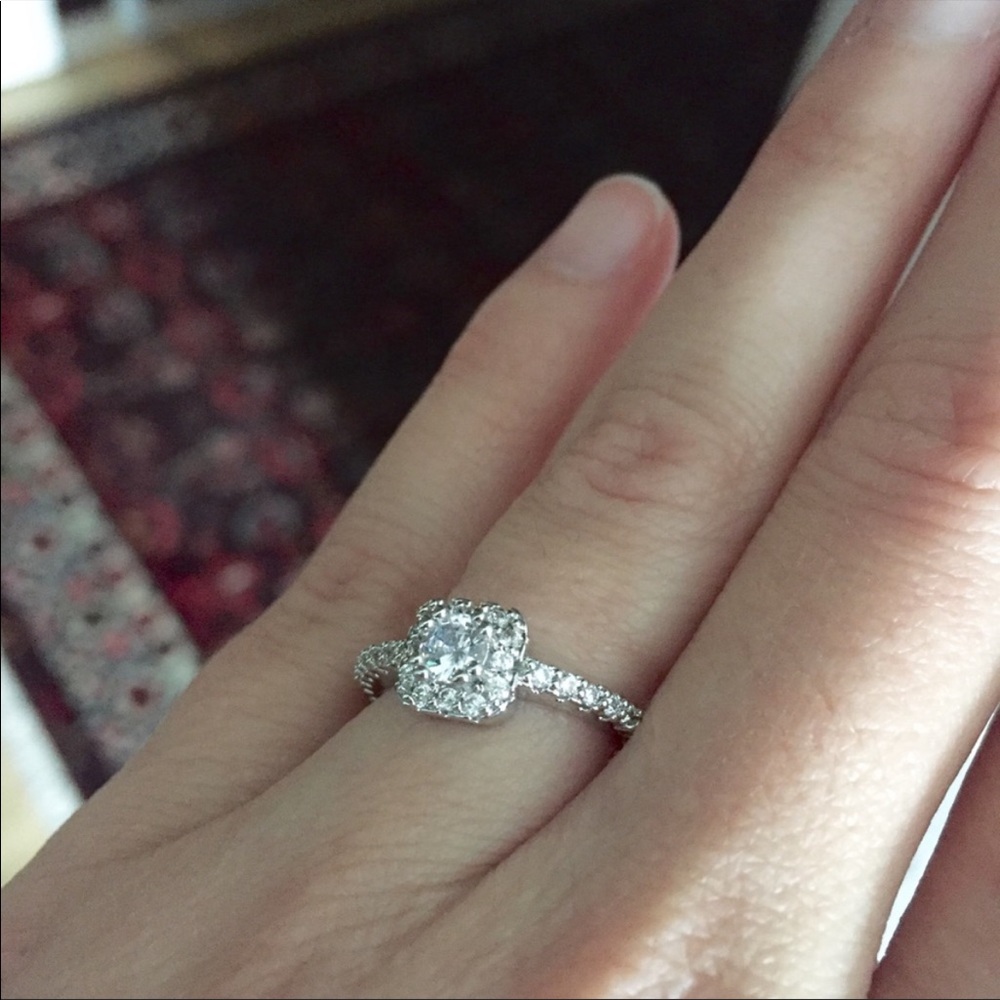 Natural white zircon genuine real gemstone square halo ring size 8